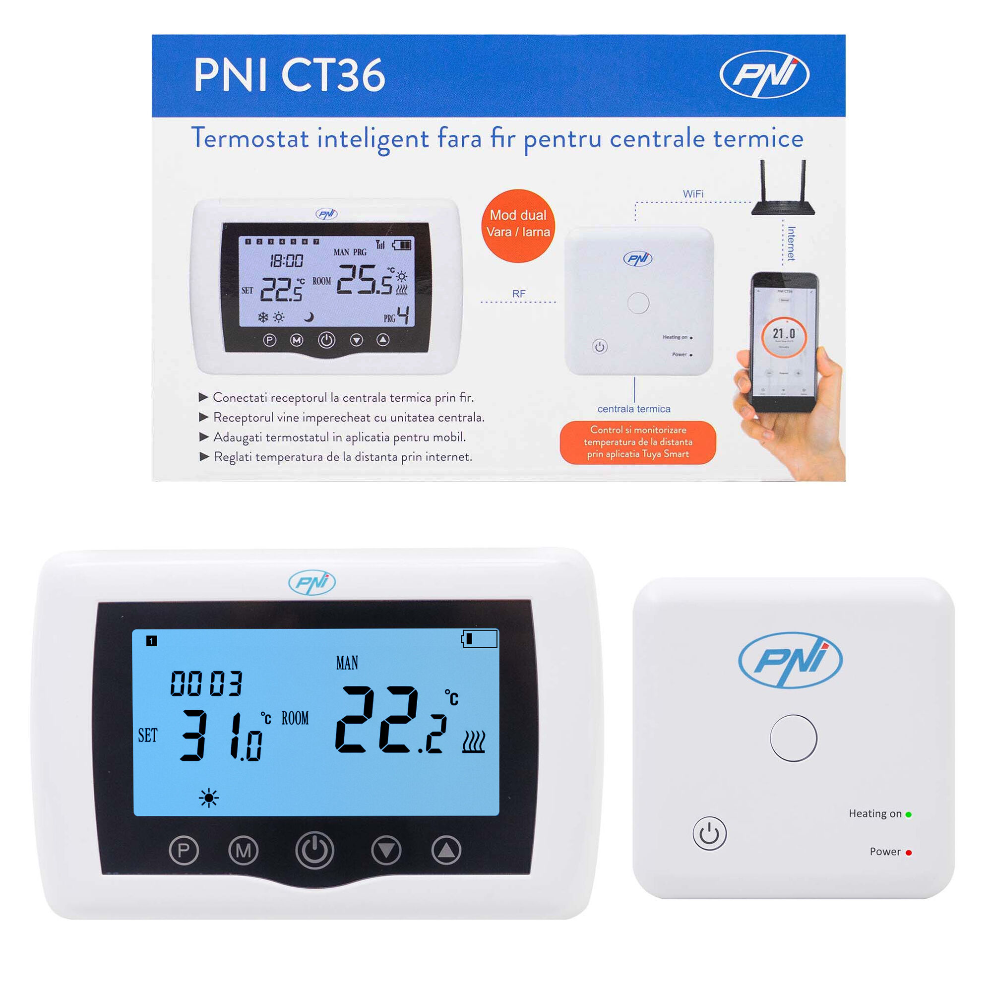Termostat inteligent PNI CT36 fara fir, cu WiFi, mod vara-iarna, control prin Internet, pentru centrale termice